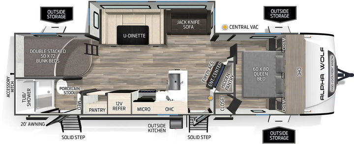 Floor plan diagram of a recreational vehicle layout with labeled sections.