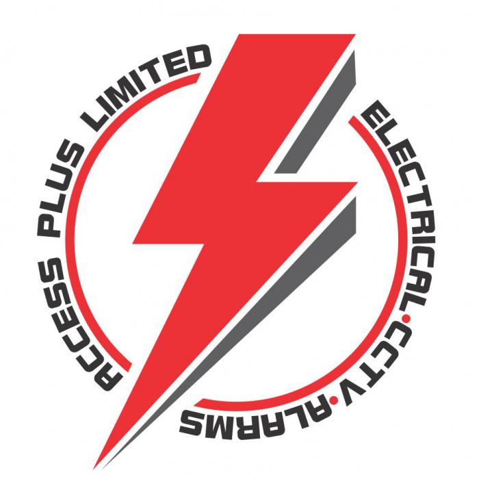 Logo with a red and black lightning bolt design on a white background