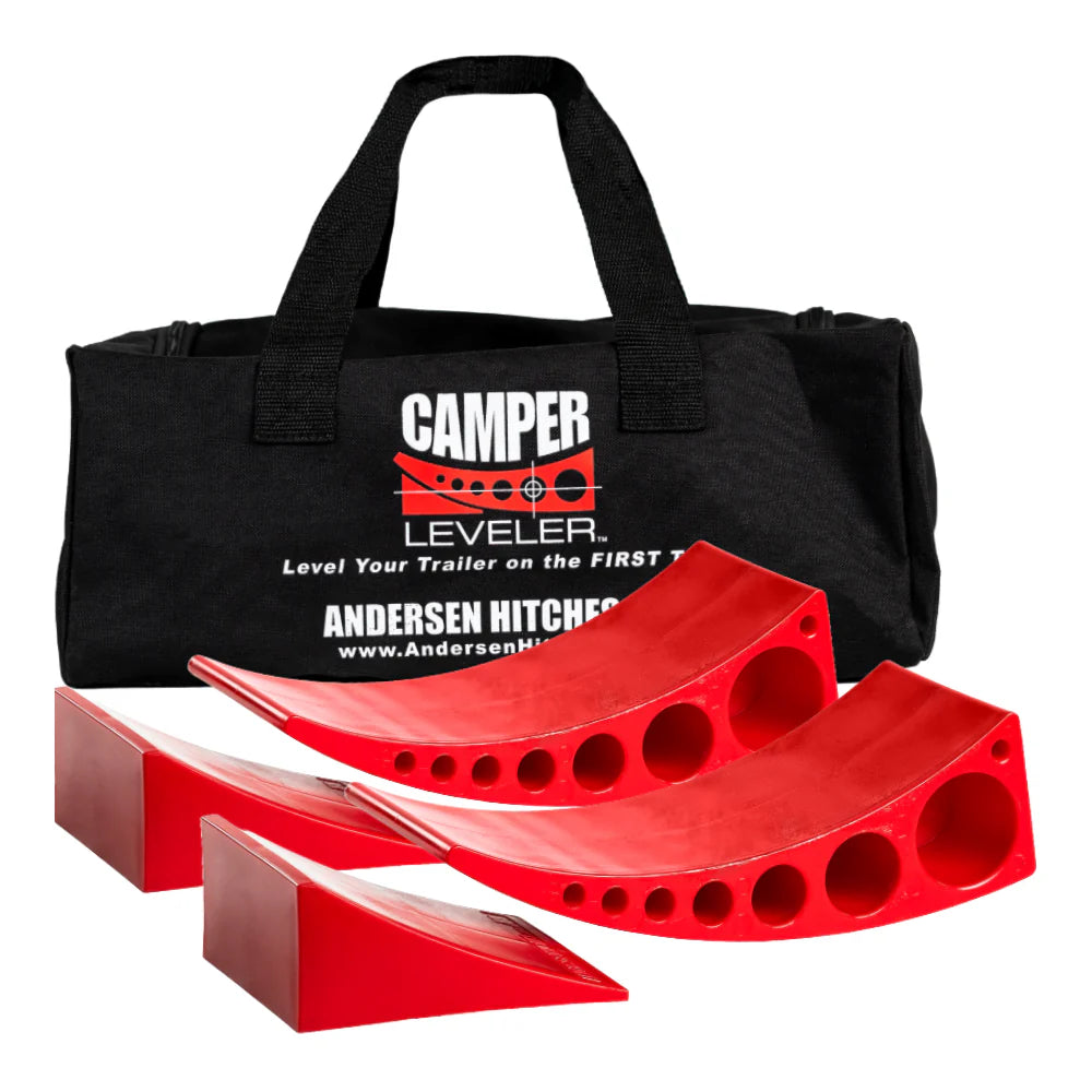 Red leveling blocks with a black bag featuring 'Camper Leveler' branding on a white background.