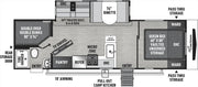 Top-down floor plan diagram of an RV or travel trailer showing labeled storage compartments, beds, kitchen, bathroom, entry, and awning locations.