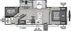 Top-down floor plan diagram of an RV or travel trailer showing labeled storage compartments, beds, kitchen, bathroom, entry, and awning locations.