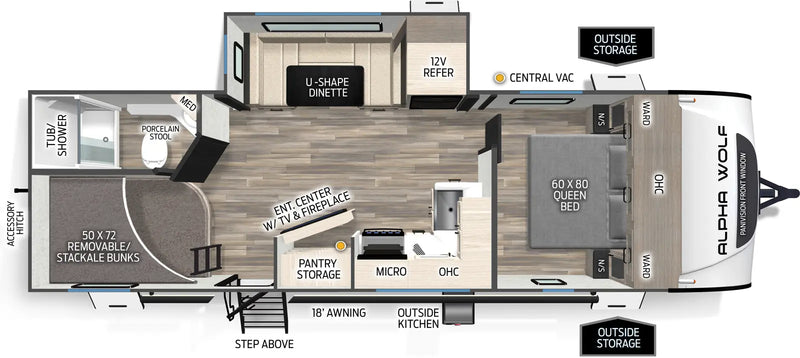 Floor plan diagram of a recreational vehicle layout with labeled sections.