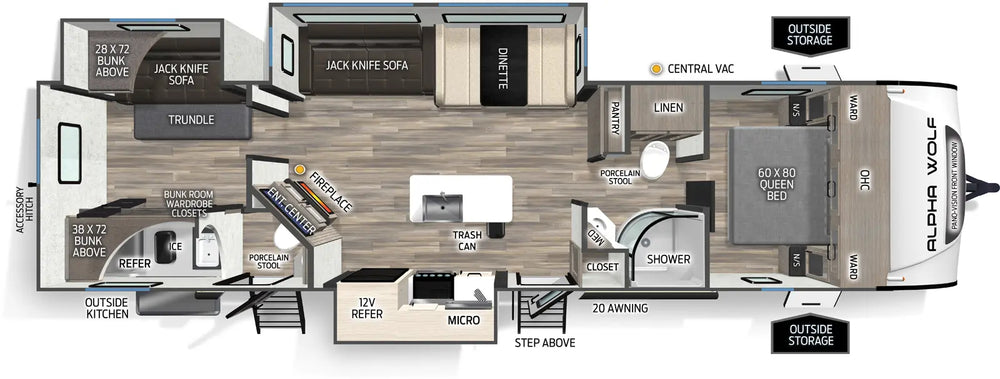 Floor plan diagram of a mobile home layout with labeled rooms and features.