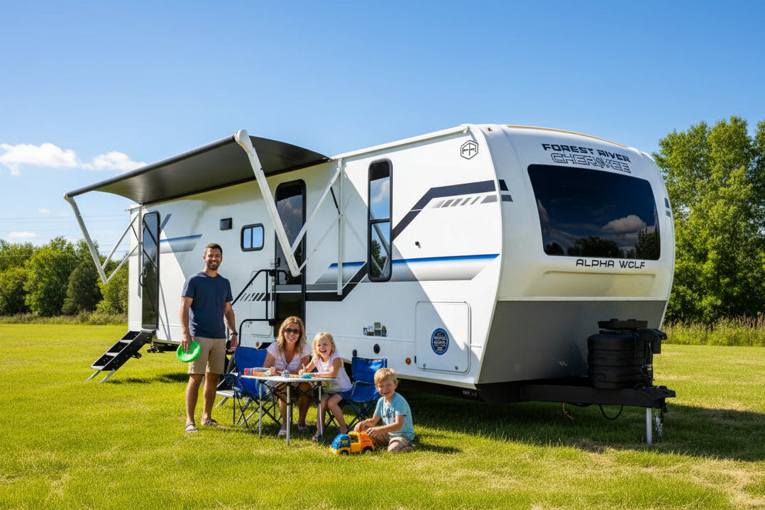 A Forest River Alpha RV caravan parked on a grassy field under a cloudy sky, with the side awning and rear steps extended.