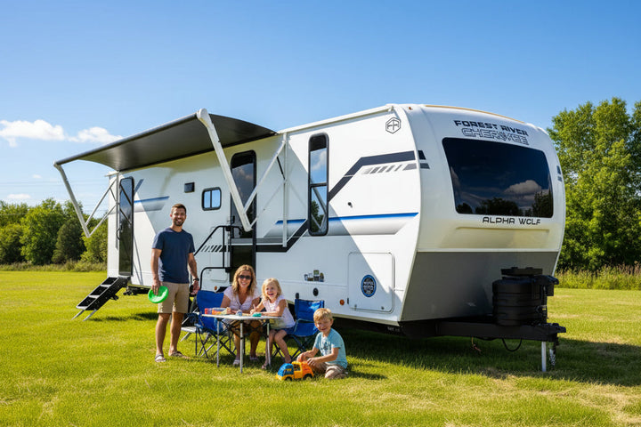 A Forest River Alpha RV caravan parked on a grassy field under a cloudy sky, with the side awning and rear steps extended.