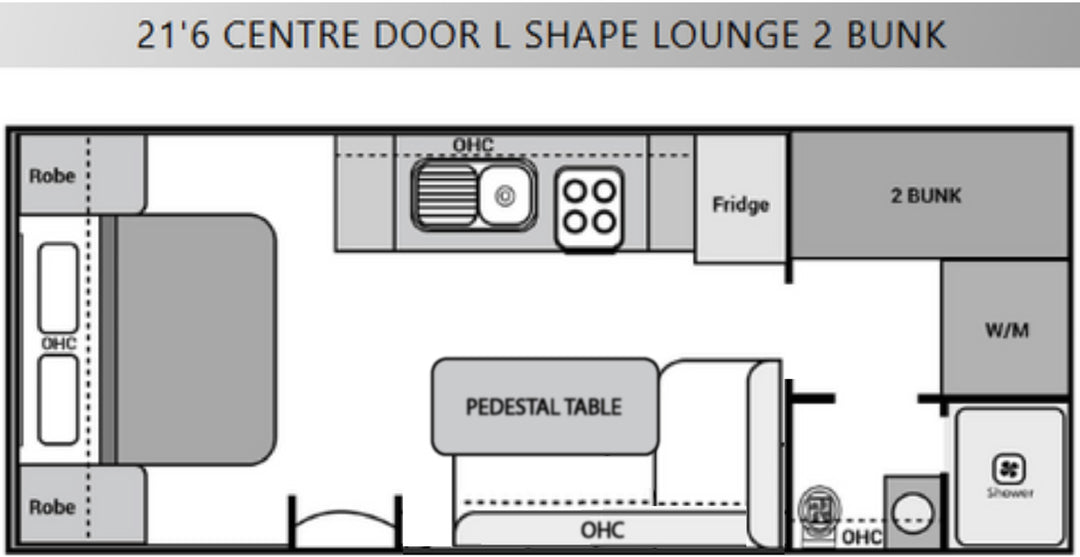 Floor plan of a 21'6" Centre Door L Shape Lounge with 2 Bunk layout.
