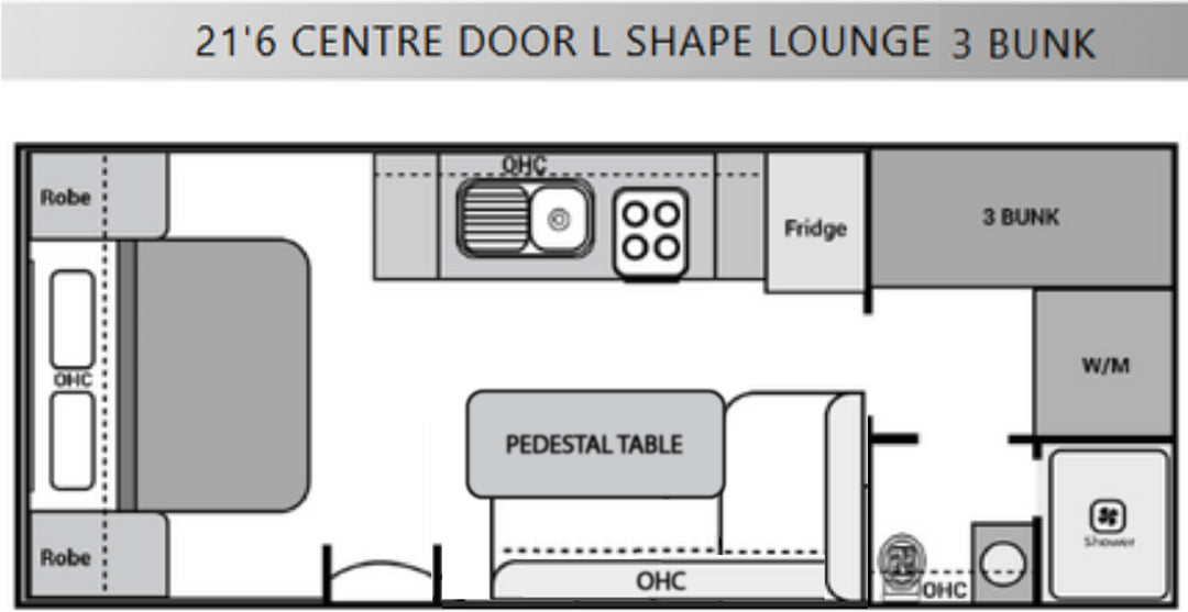 Floor plan of a 21'6" Centre Door L Shape Lounge with 3 Bunk layout.