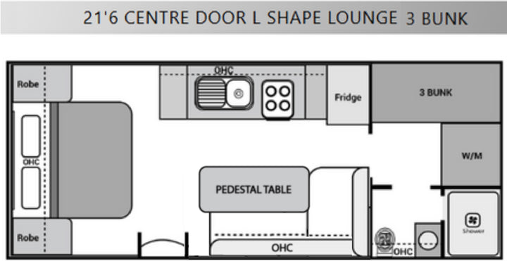 Floor plan of a 21'6" Centre Door L Shape Lounge with 3 Bunk layout.