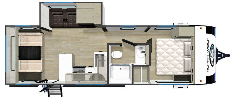 Alpha Wolf 25RDX caravan floor plan with rear dinette and front bedroom