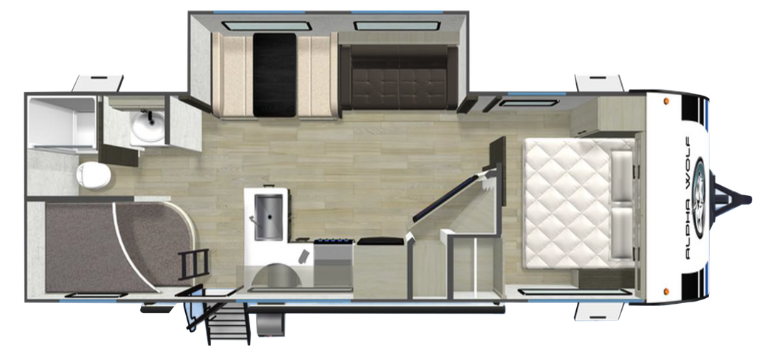 Alpha Wolf 27BHX caravan floor plan with front bedroom and rear bunkhouse