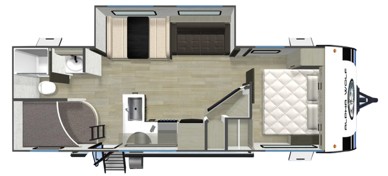 Alpha Wolf 27BHX caravan floor plan with front bedroom and rear bunkhouse