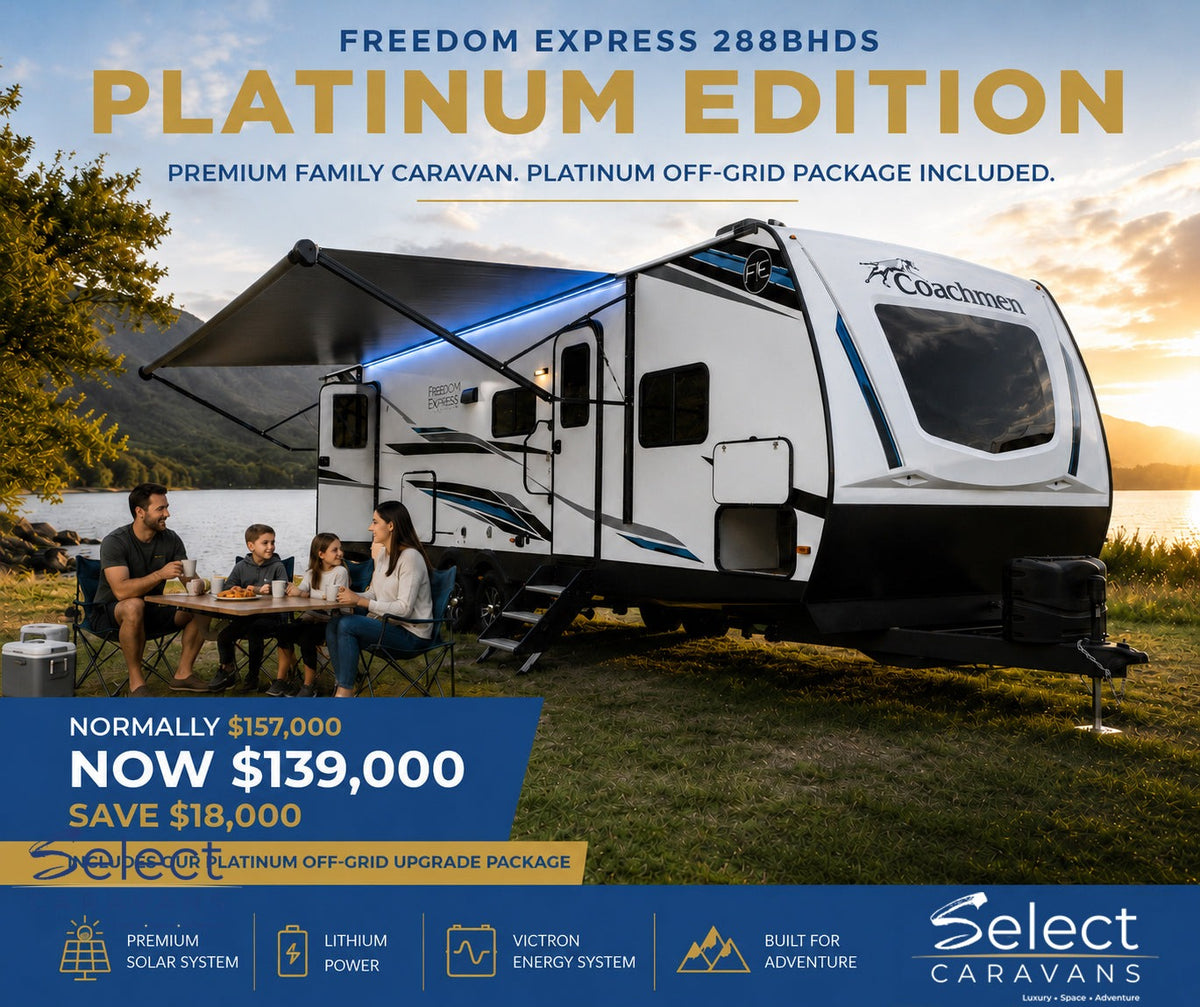 Freedom Express 288BHDS Platinum Edition family caravan with off-grid package offer