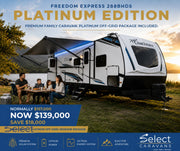 Freedom Express 288BHDS Platinum Edition family caravan with off-grid package offer