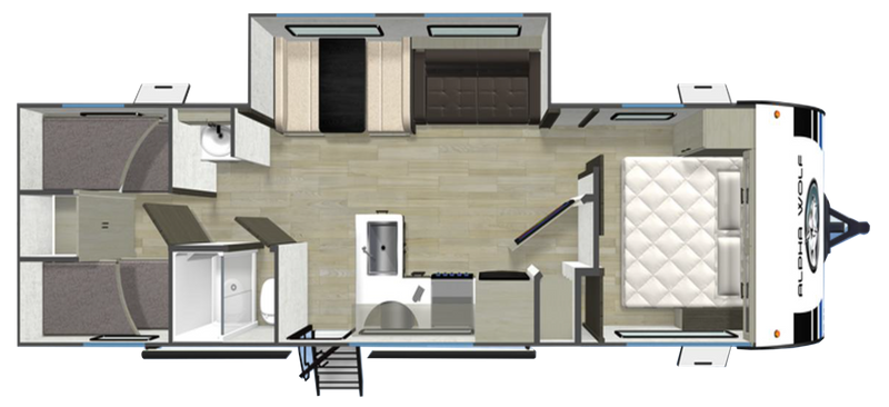 Alpha Wolf 28QBX caravan floor plan with front bedroom and rear quad bunks