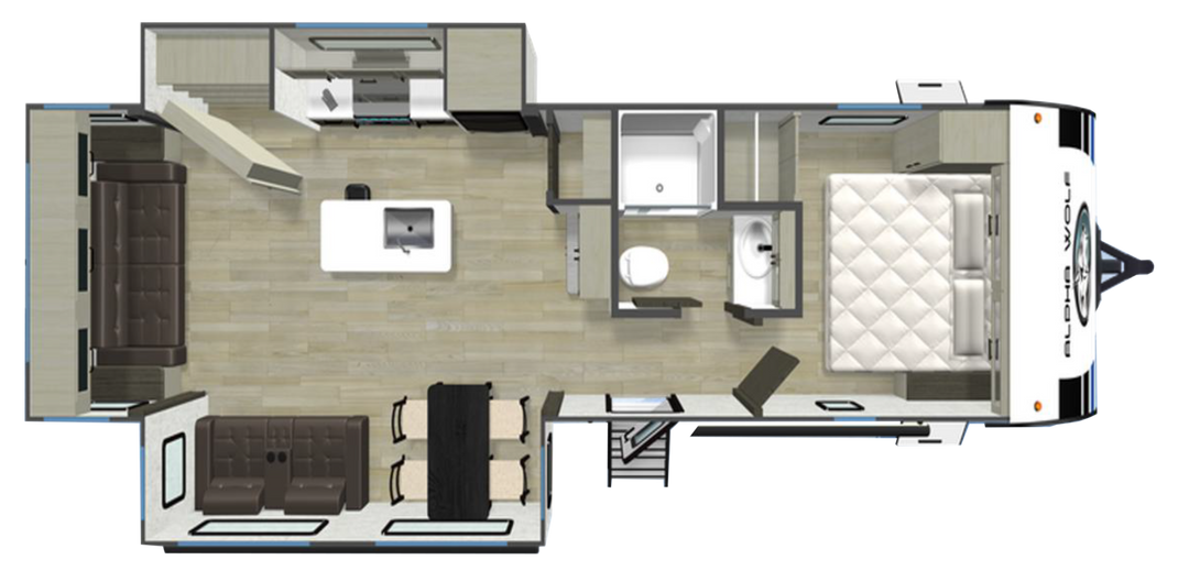 Alpha Wolf 28RLX caravan floor plan with rear living area, island kitchen and front bedroom