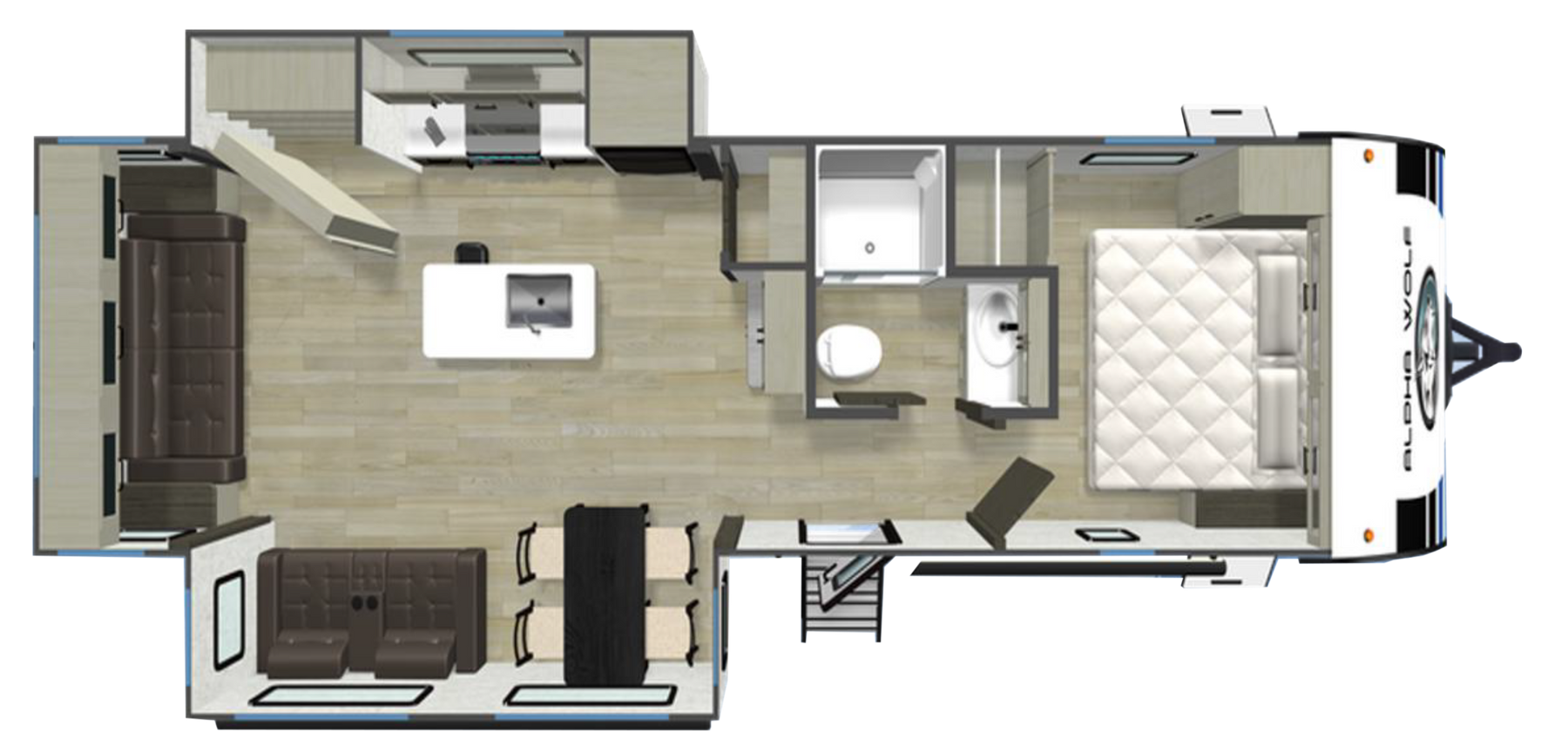 Alpha Wolf 28RLX caravan floor plan with rear living area, island kitchen and front bedroom