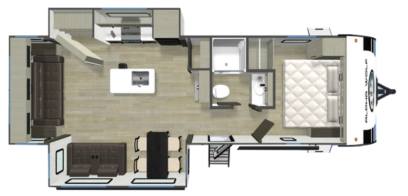 Alpha Wolf 28RLX caravan floor plan with rear living area, island kitchen and front bedroom