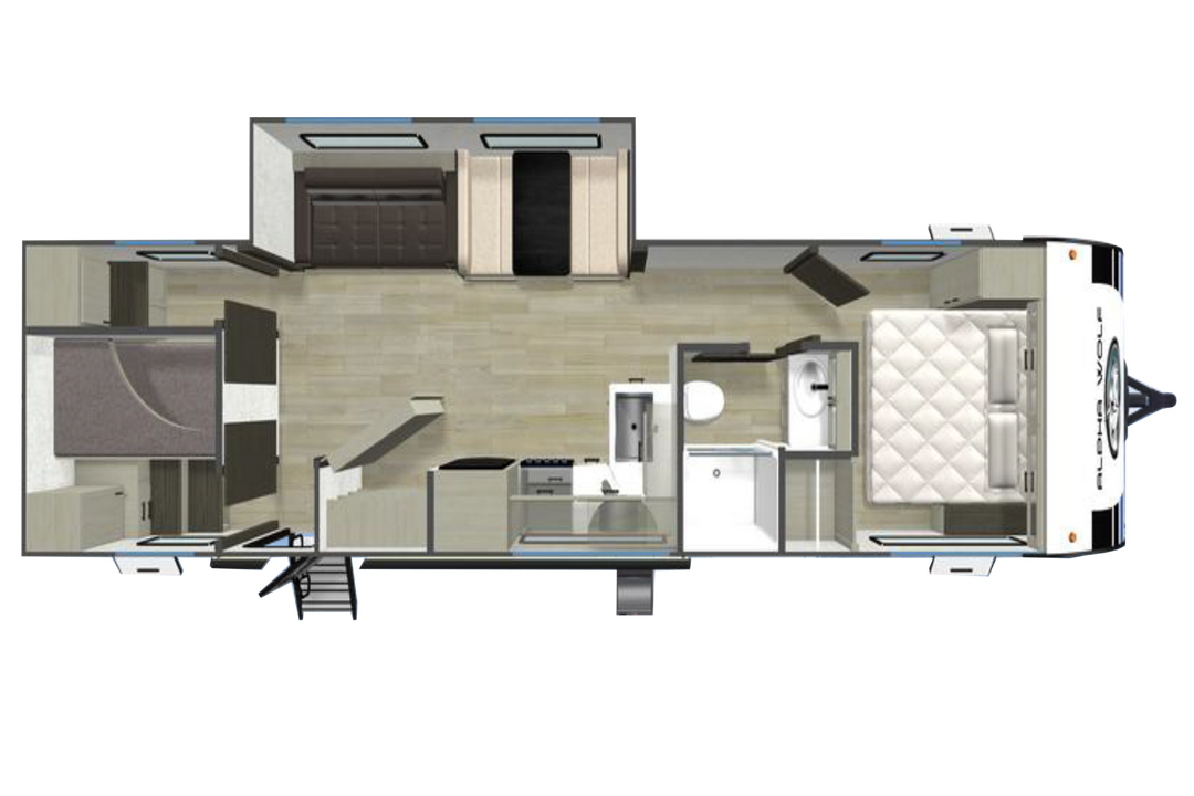 Alpha Wolf 31DBX three-bedroom caravan floorplan