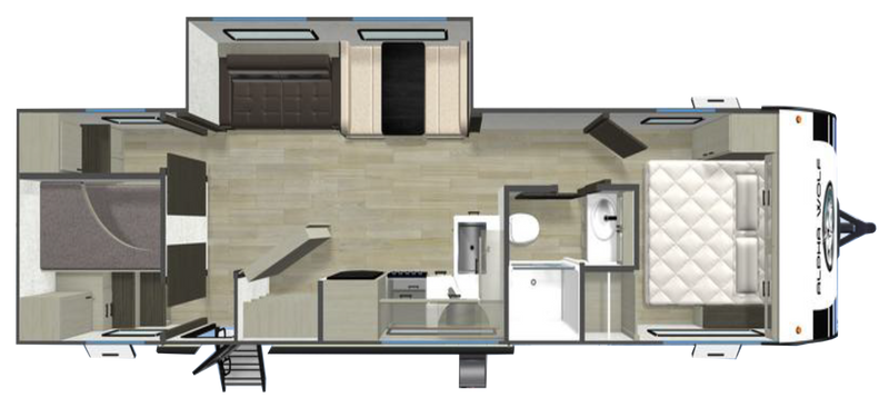 Alpha Wolf 31DBX three-bedroom caravan floorplan