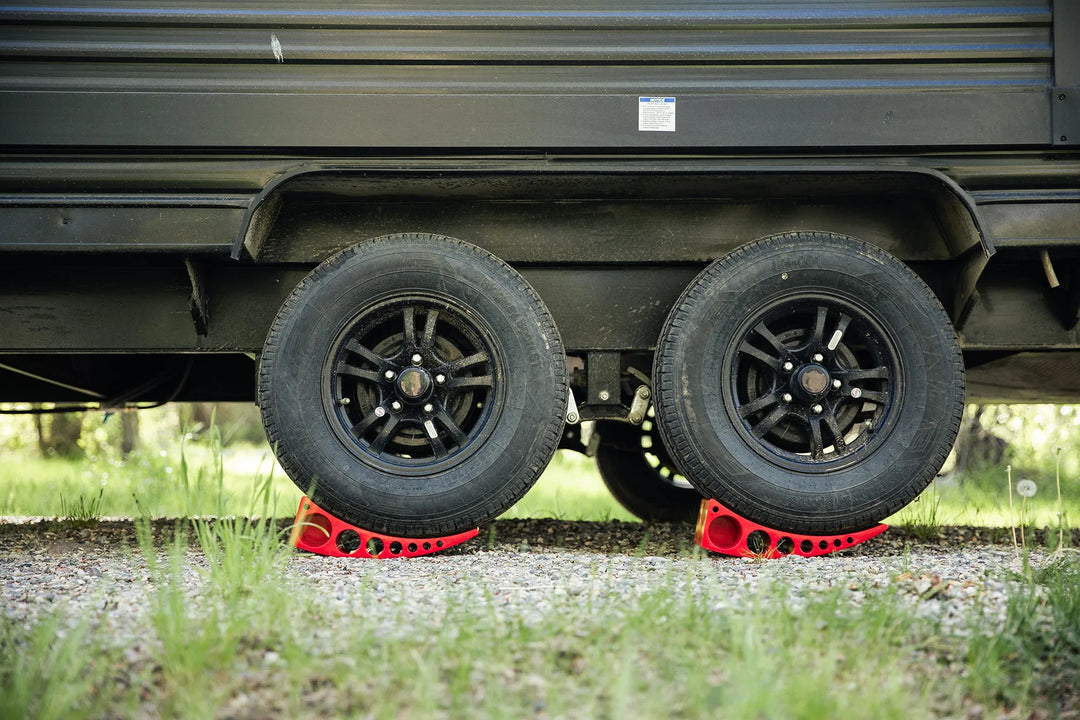 Caravan wheel levelled with an Andersen Camper Leveller
