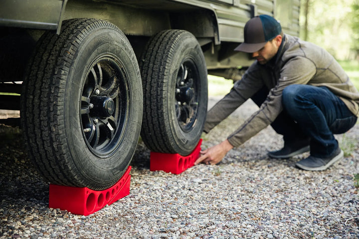 Andersen Camper Leveller in use under a caravan tyre