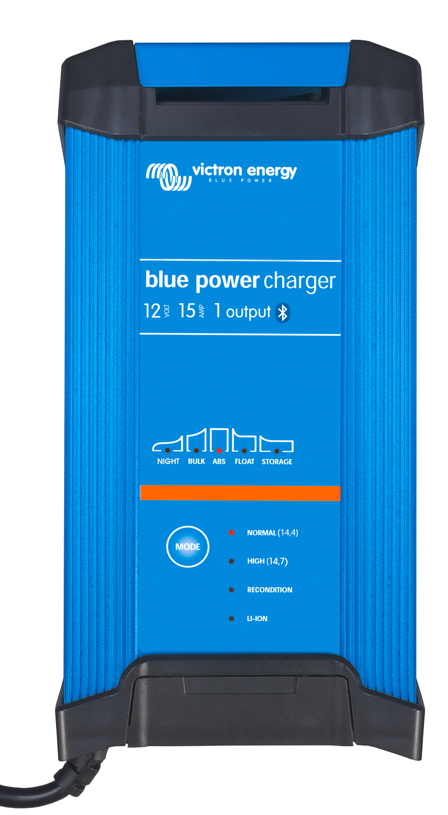 Blue power charger with black cord on a white background