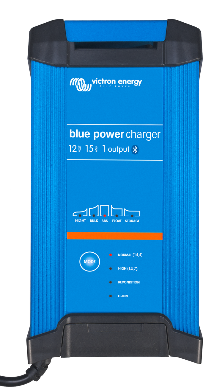 Blue power charger with black cord on a white background