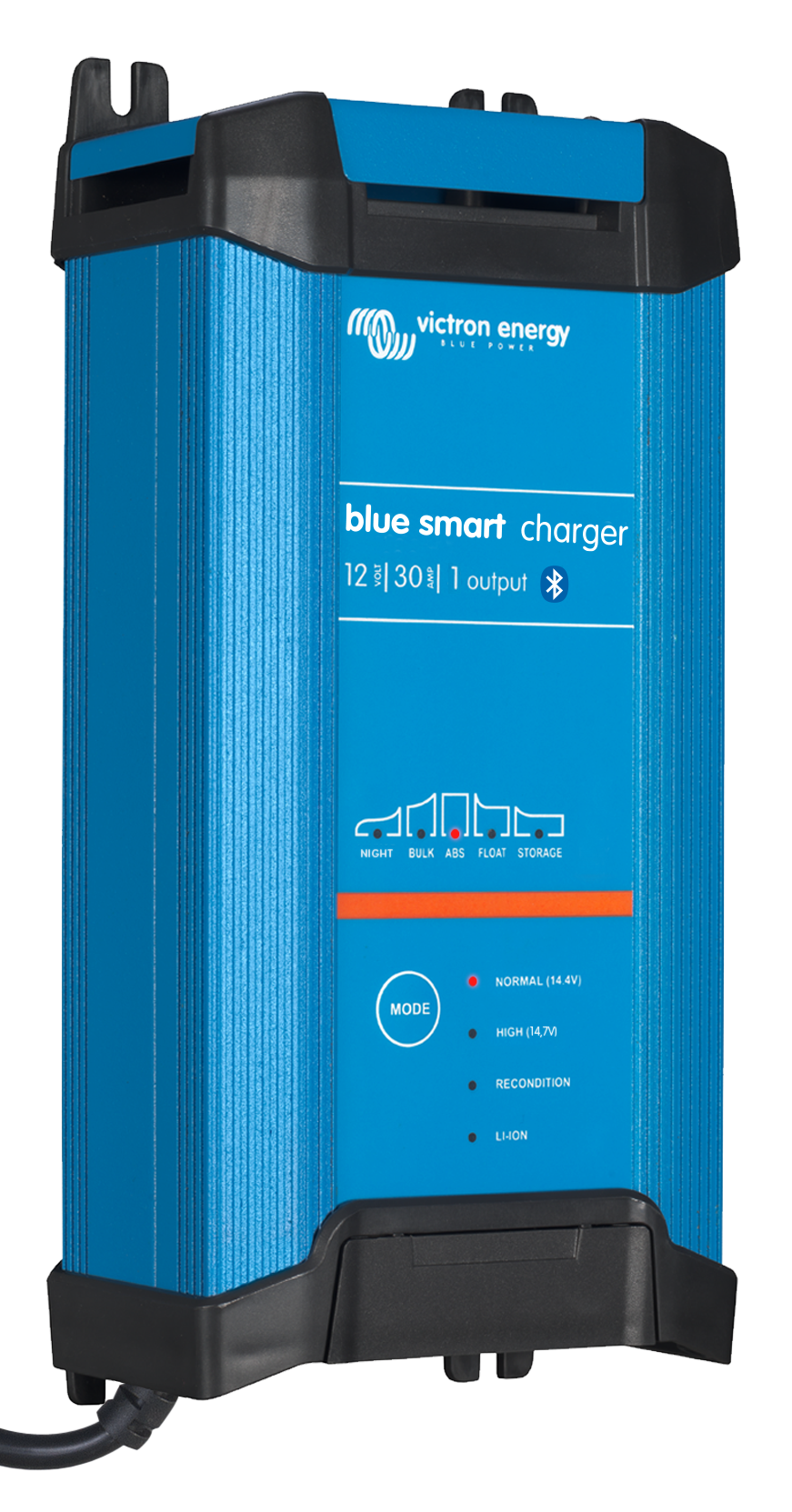 Blue smart charger with power cord on a white background