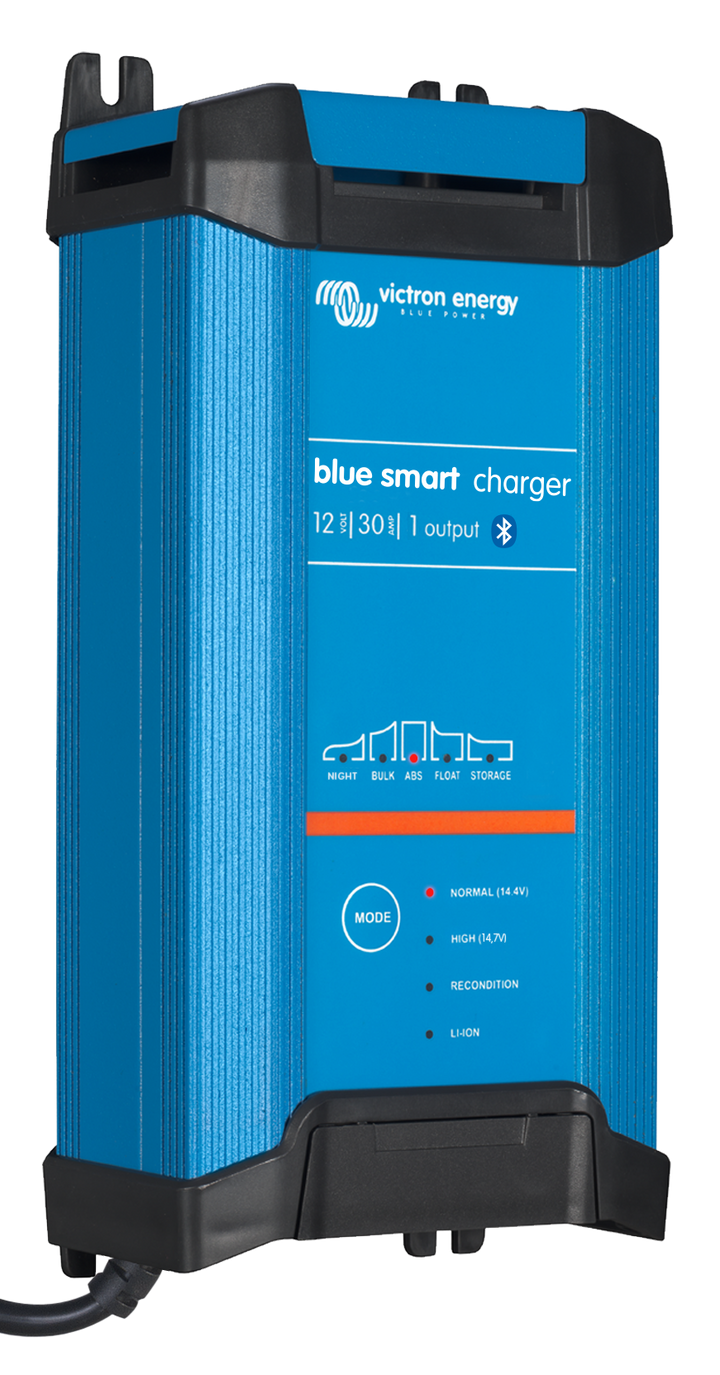 Blue smart charger with power cord on a white background