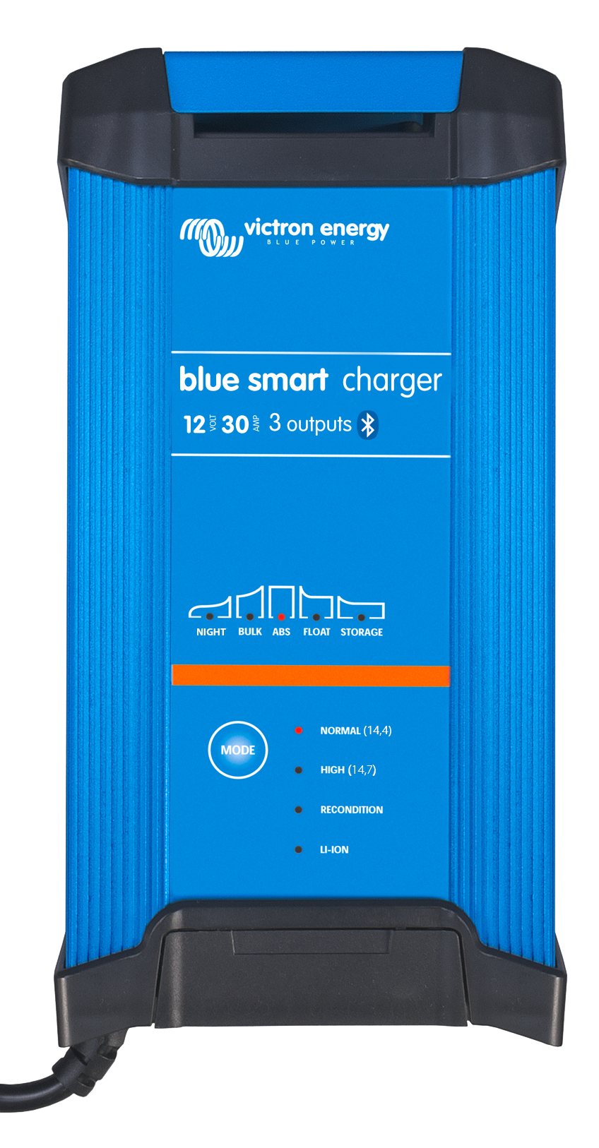 Blue power charger with black cord on a white background