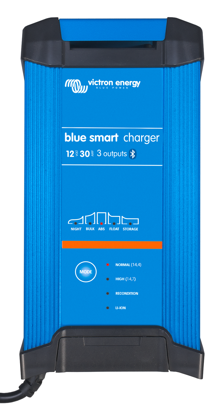 Blue power charger with black cord on a white background