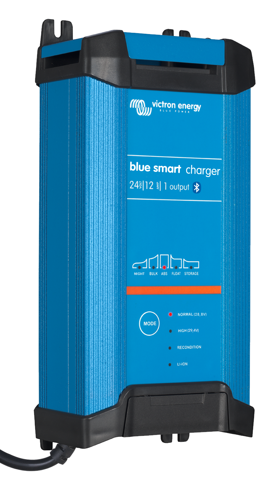 Blue smart charger with power cord on a white background