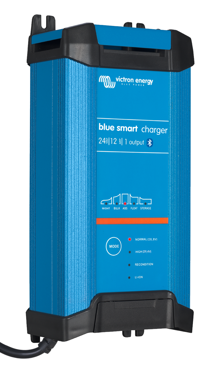 Blue smart charger with power cord on a white background