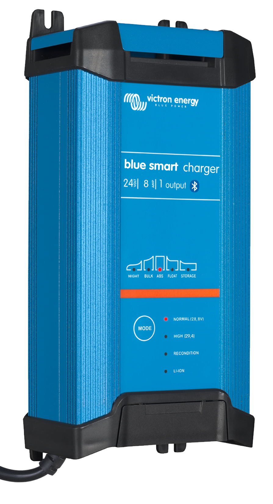 Blue smart charger with power cord on a white background