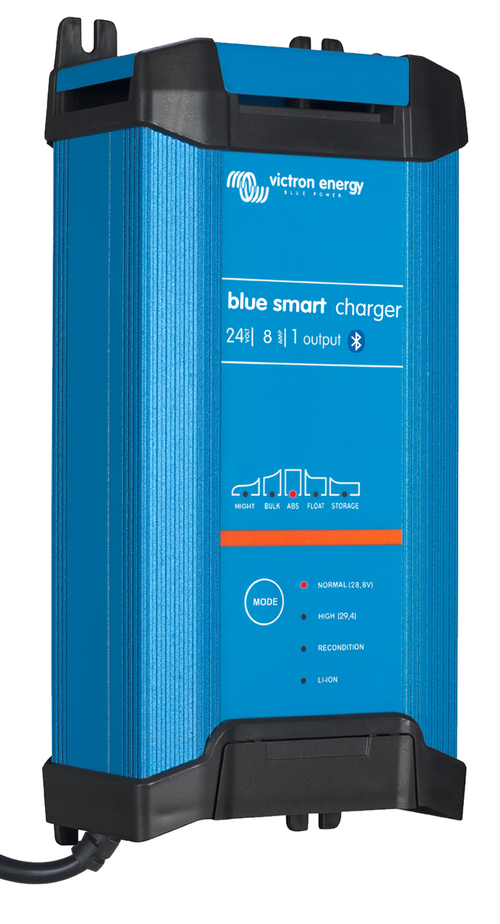 Blue smart charger with power cord on a white background