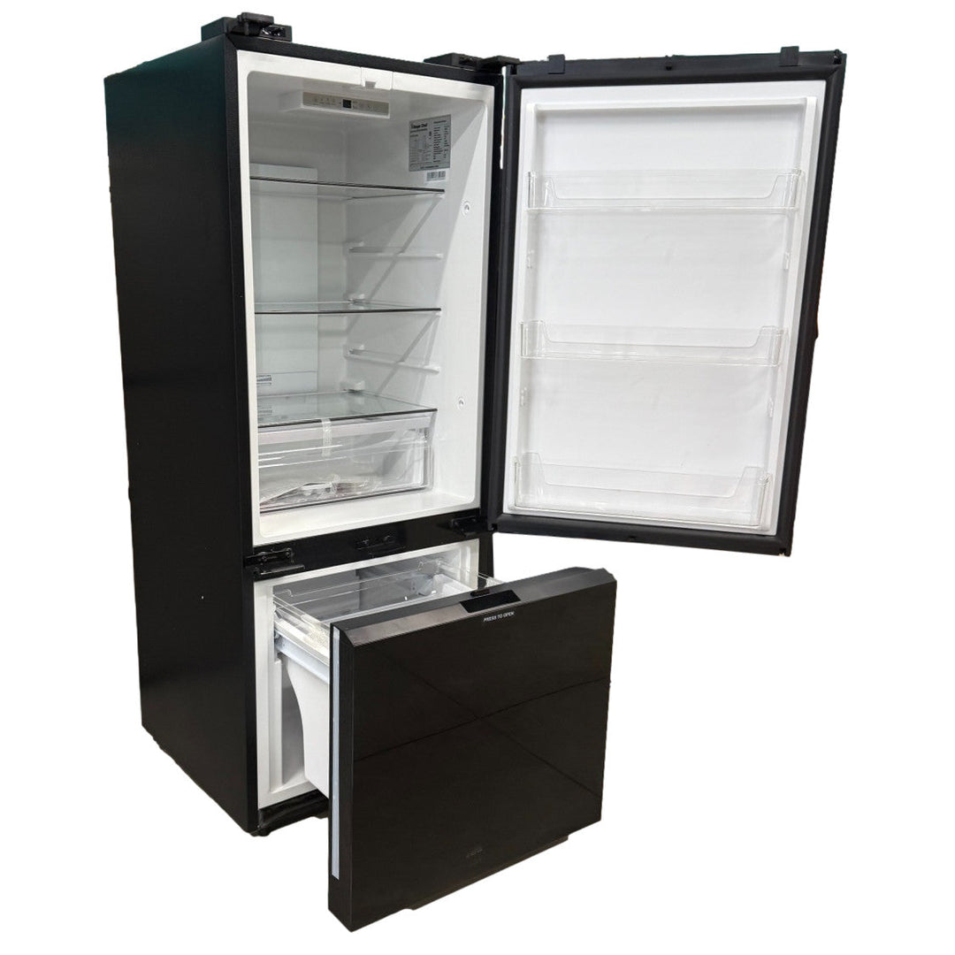 Magic Chef dual-swing refrigerator open with bottom freezer drawer