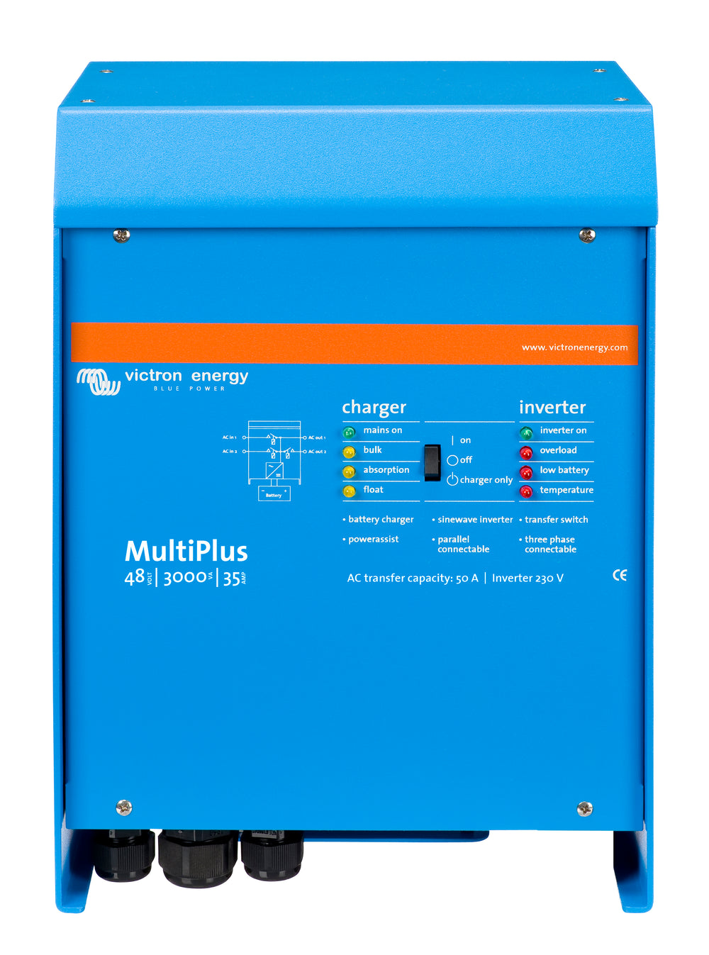 Blue Victron Energy MultiPlus 48V 5000VA 70A charger/inverter on a white background