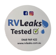 Round sticker with 'RVLeaks Tested' text and contact information on a white background