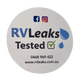Round sticker with 'RVLeaks Tested' text and contact information on a white background