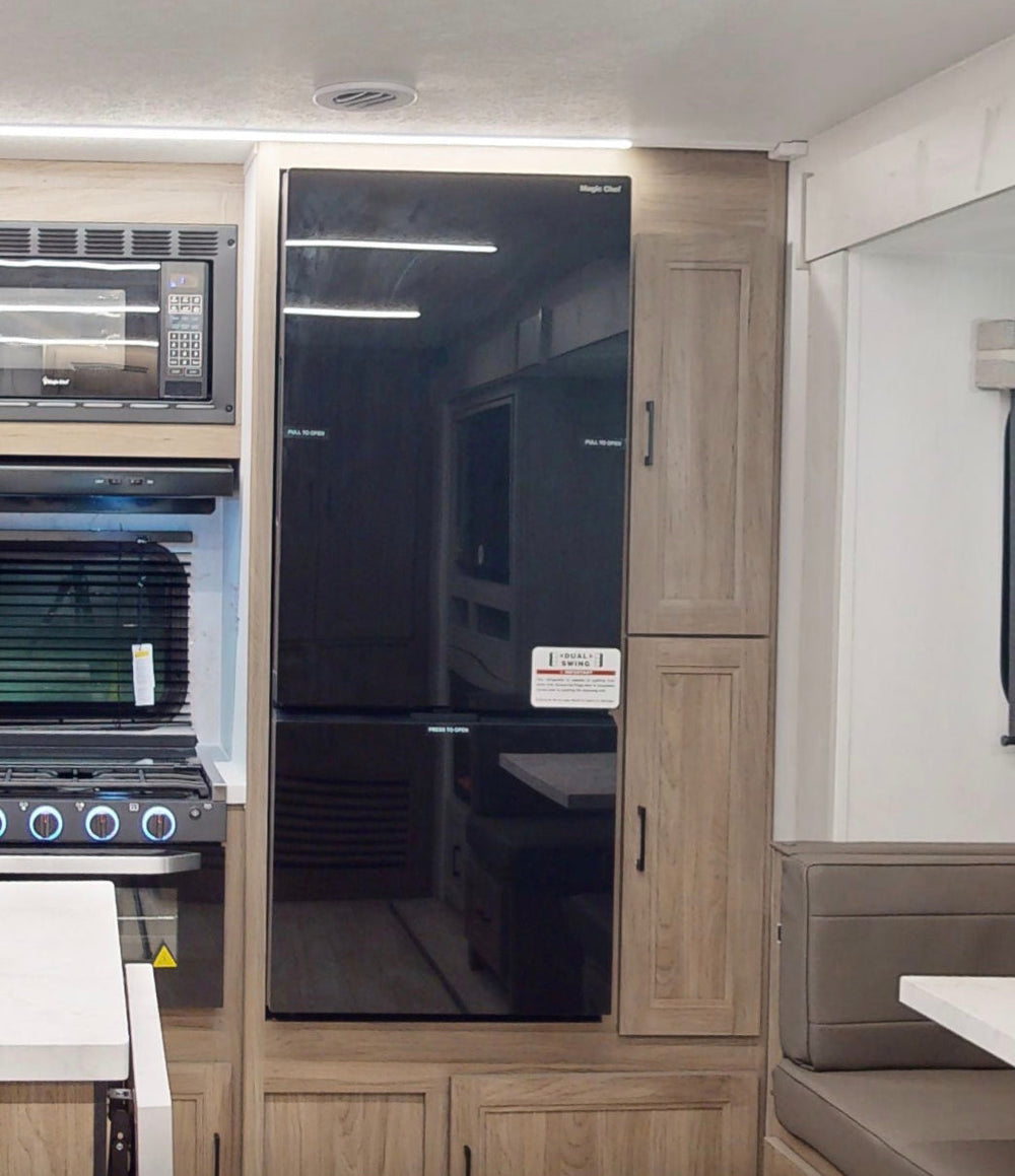 Magic Chef 12V RV refrigerator installed in a caravan kitchen