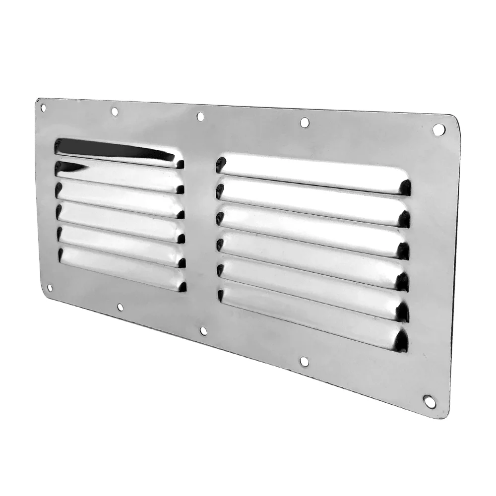 Polished stainless steel caravan and boat air vent showing louvres and screw holes