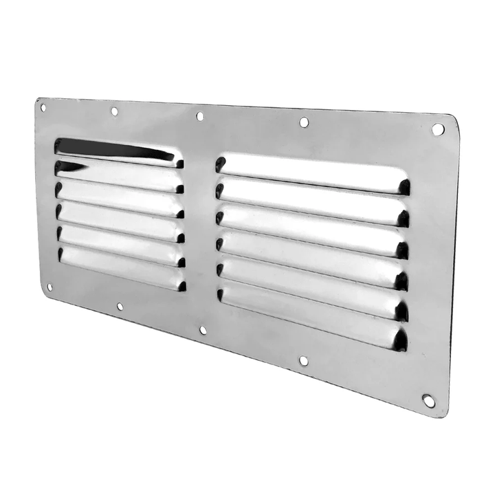 Polished stainless steel caravan and boat air vent showing louvres and screw holes