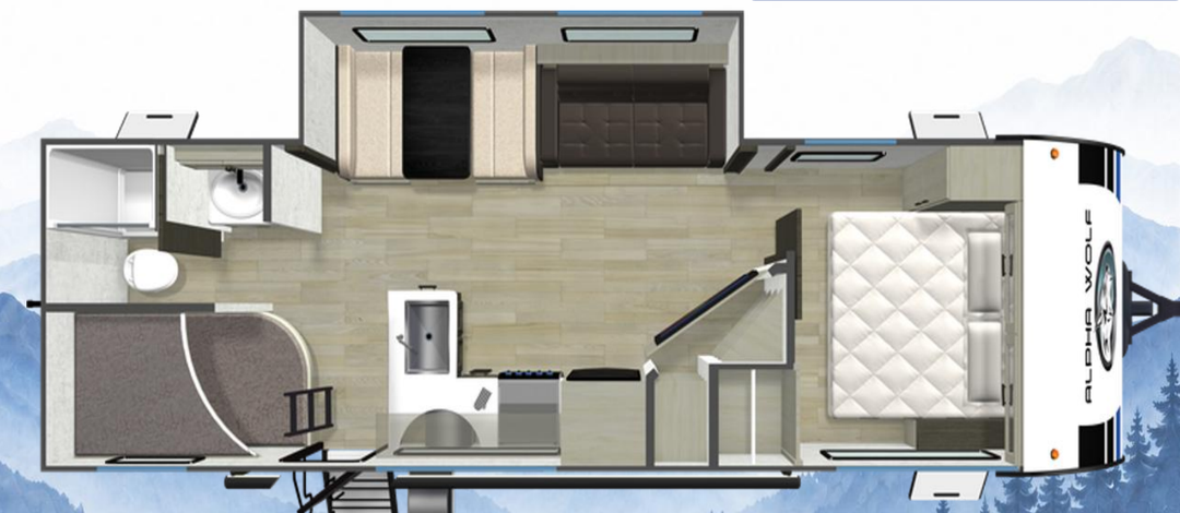 Alpha Wolf 27BHX bunkhouse caravan floorplan