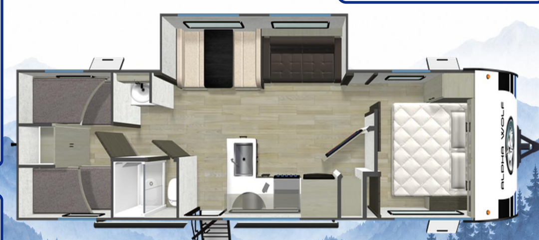 Alpha Wolf 28QBX quad bunk caravan floorplan