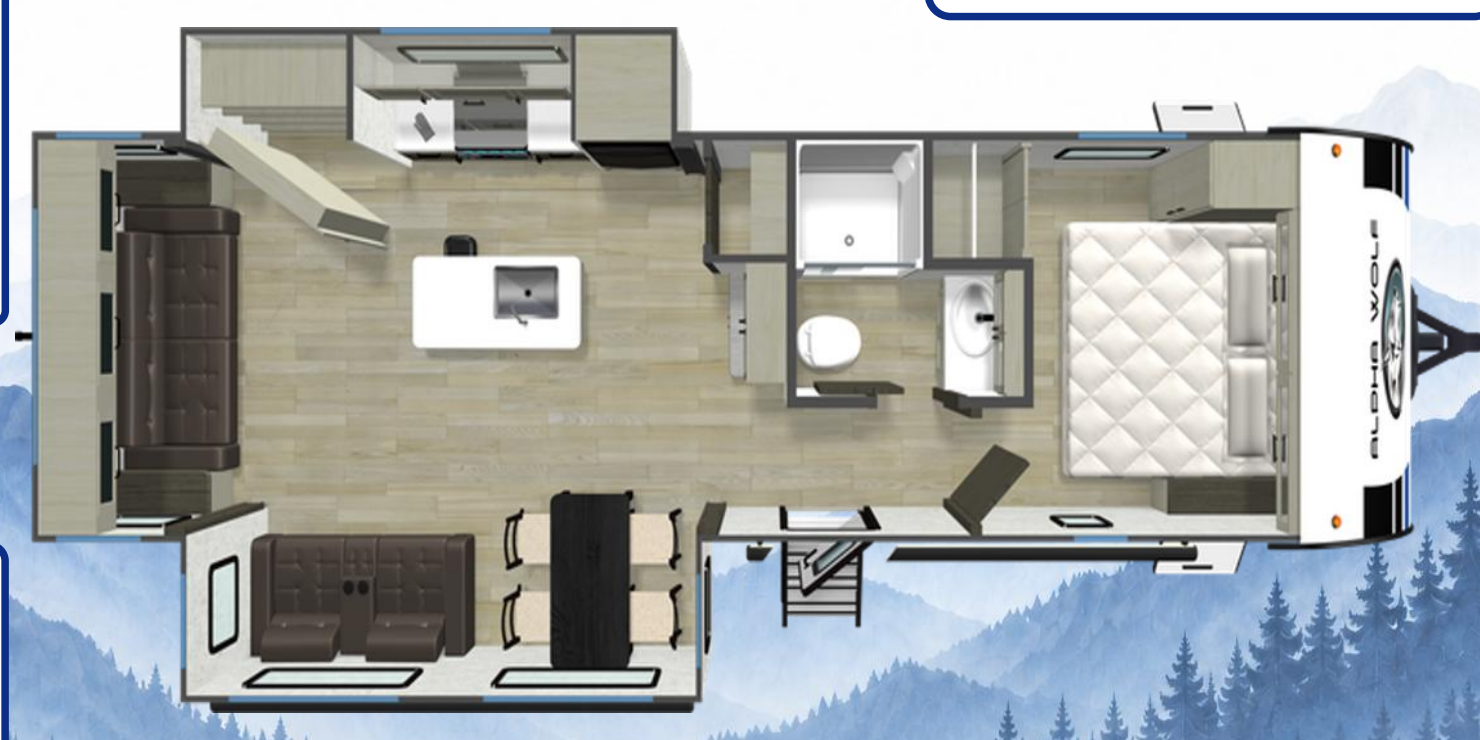 Alpha Wolf 28RLX rear living caravan floorplan