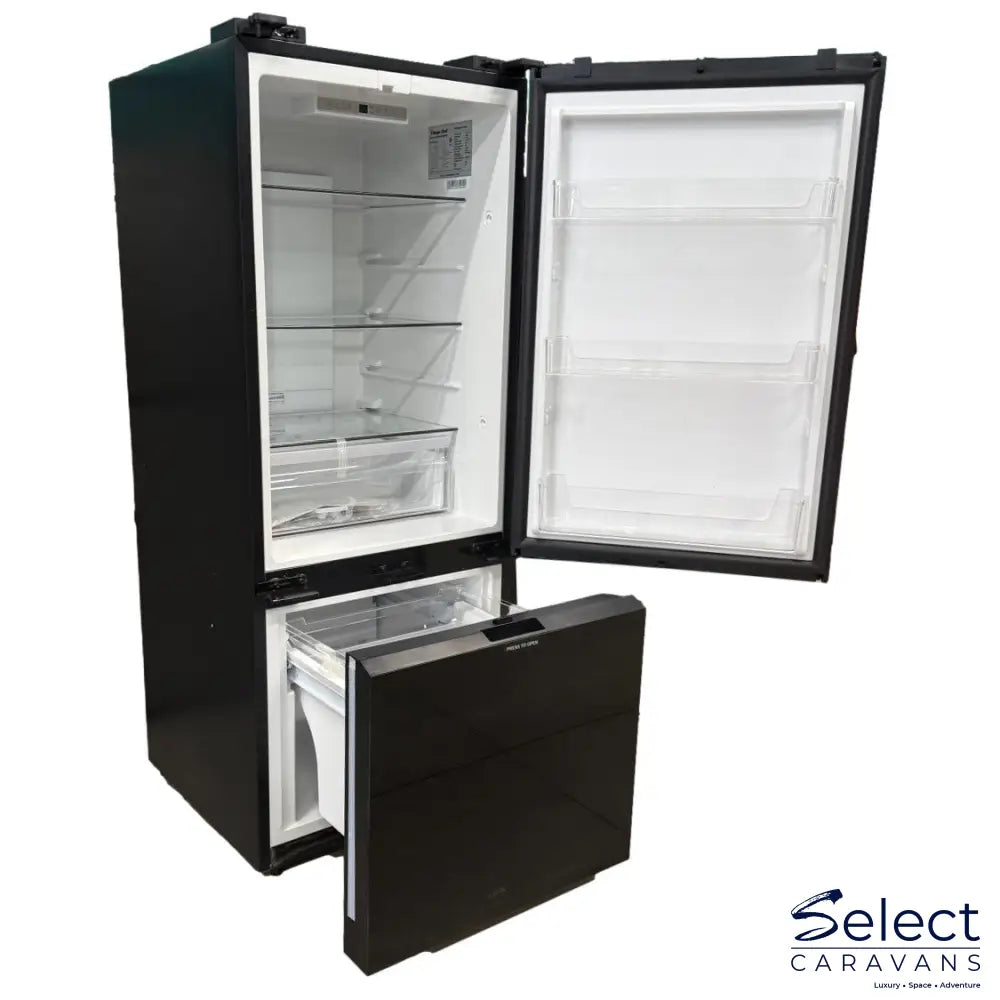 Black refrigerator with open doors on a white background