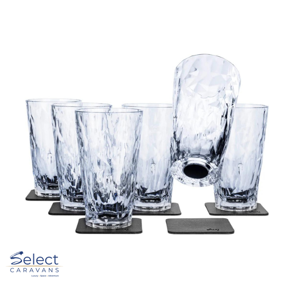 Six clear Silwy magnetic longdrink glasses with six black nano-gel pads