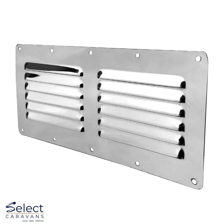 Polished stainless steel caravan and boat air vent showing louvres and screw holes