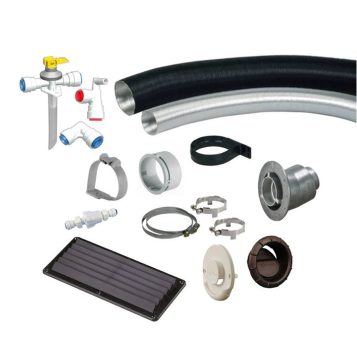 Truma Combi 6E installation kit components including flue, water fittings, pressure reducer, intake grille and outlets