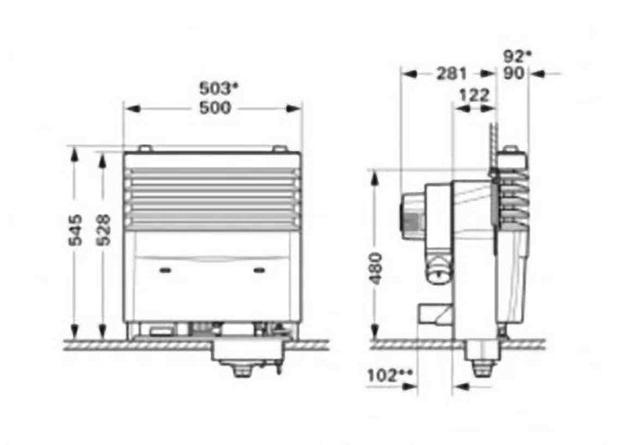 Truma S 3004 LPG caravan heater technical dimensions and installation drawing